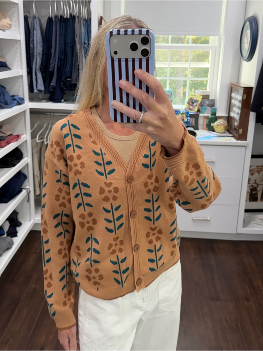 Amazon Tan Floral Button-Front Cardigan with Teal Leaf Motif